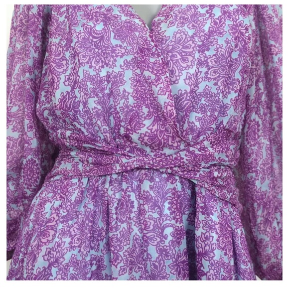 AMUR TWIST-FRONT DRESS PURPLE/BLUE PRINTED SILK CHIFFON SIZE 4 LONG SLEEVE MINI - Picture 8 of 10